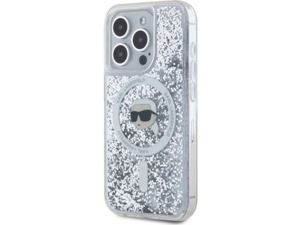 Ochranný kryt na iPhone 15 Pro - Karl Lagerfeld, Liquid Glitter Karl Head MagSafe Transparent KLHMP15LLGKISGH