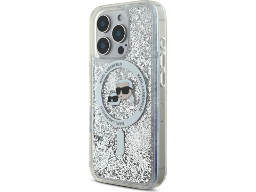 Ochranný kryt na iPhone 16 Pro MAX - Karl Lagerfeld, Liquid Glitter Karl and Choupette Heads MagSafe Transparent KLHMP16XLGKCSGH
