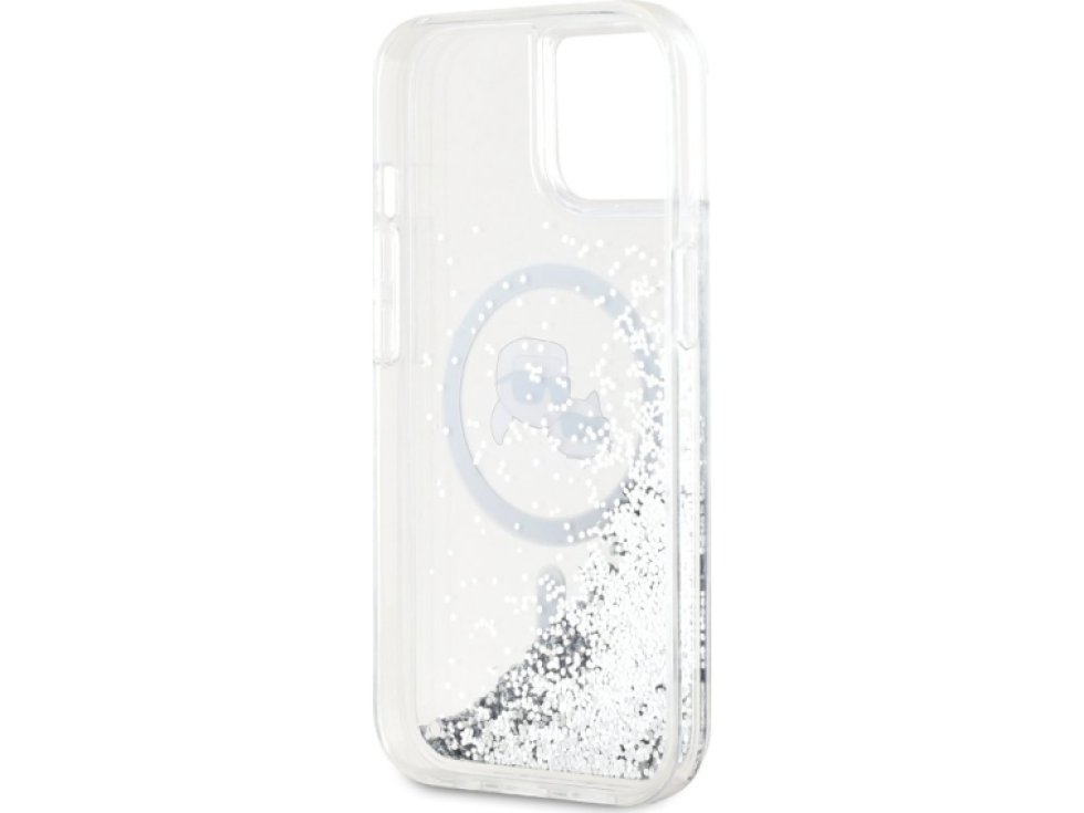 Ochranný kryt na iPhone 15 - Karl Lagerfeld, Liquid Glitter Karl and Choupette Heads MagSafe Transparent KLHMP15SLGKCSGH