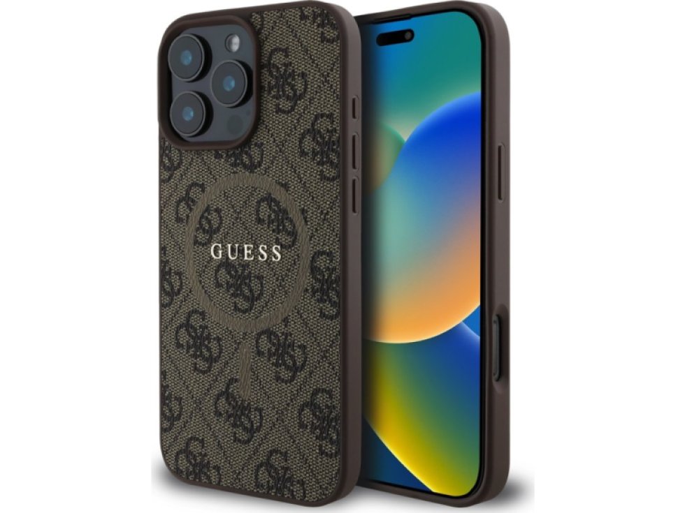 Ochranný kryt na iPhone 16 Pro - Guess, 4G Colored Ring MagSafe Brown GUHMP16LG4GFRW