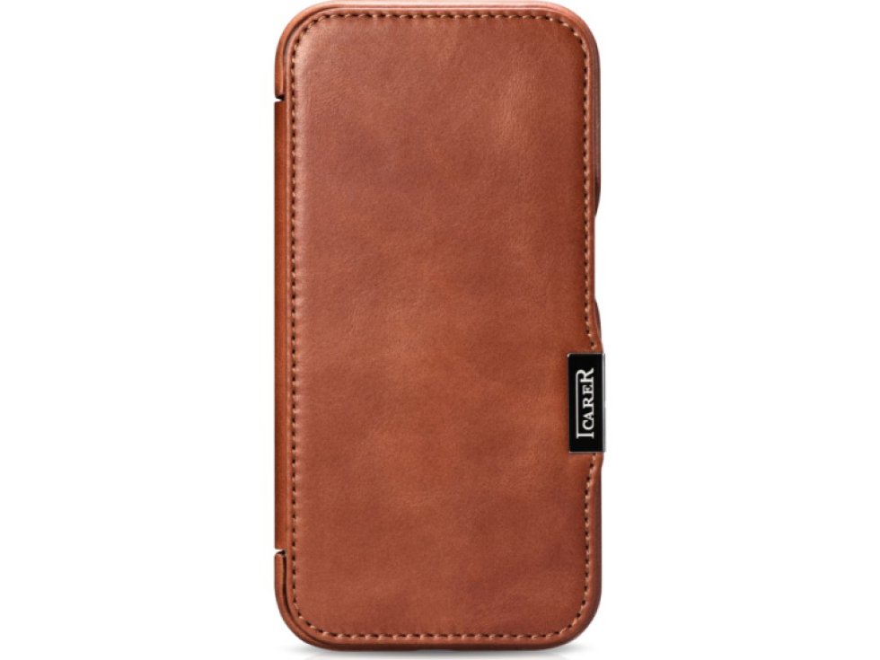 Knížkové pouzdro na iPhone 15 - iCarer, Oil Wax Real Leather MagSafe Brown WMI16250503-BN