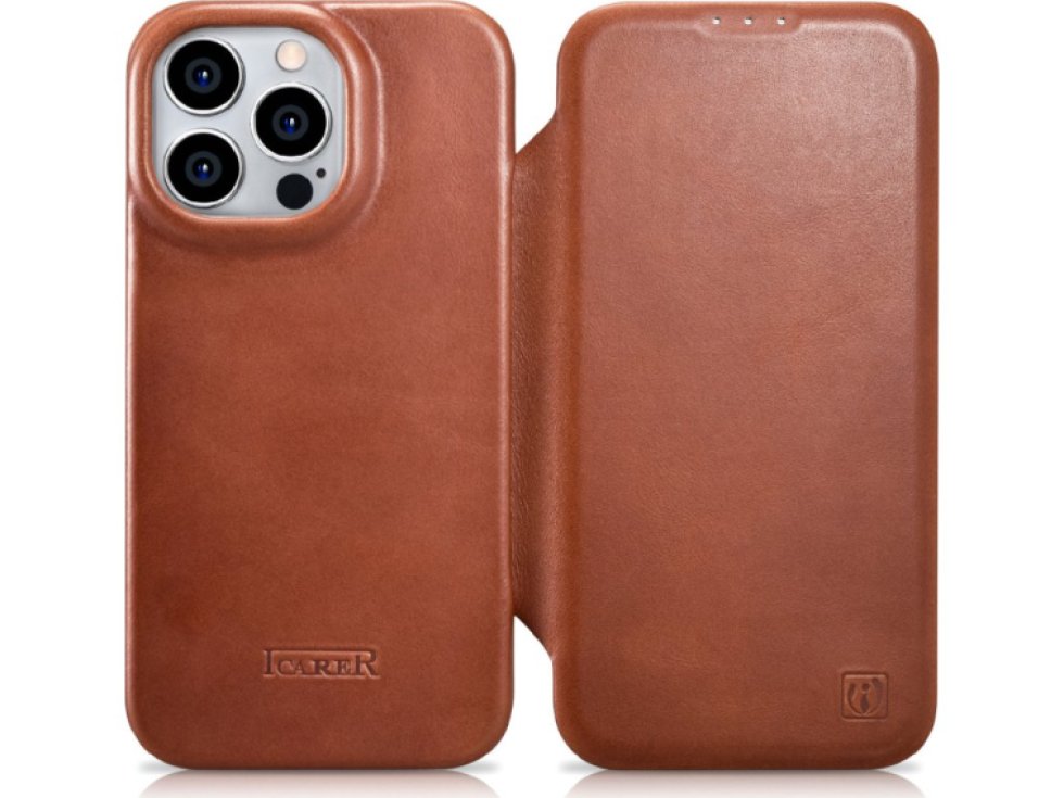 Knížkové pouzdro pro iPhone 14 Pro - iCarer, Curved Edge MagSafe Brown