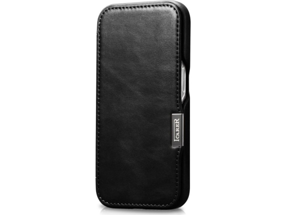 Knížkové pouzdro na iPhone 15 - iCarer, Oil Wax Real Leather MagSafe Black WMI16250503-BK