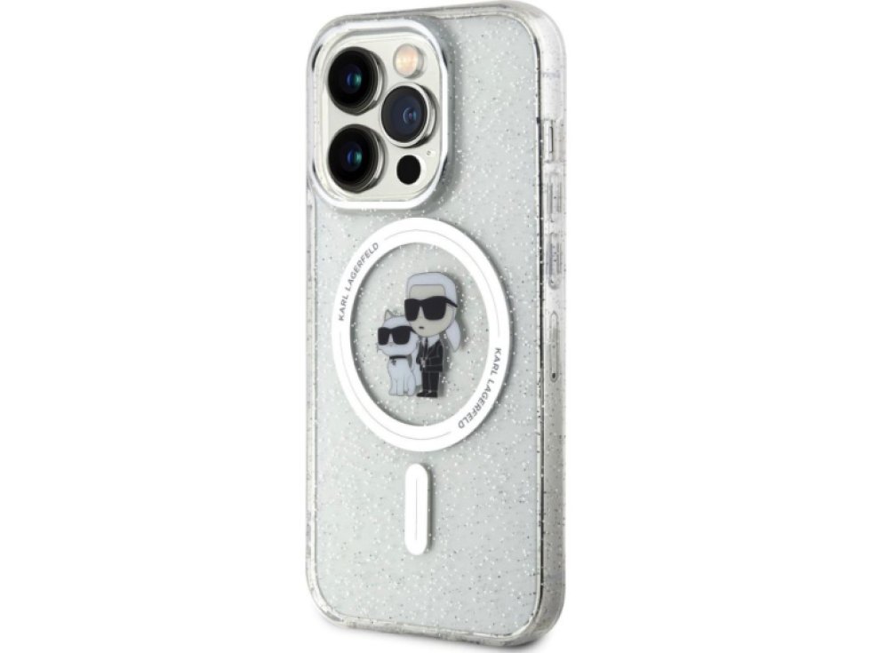 Ochranný kryt na iPhone 15 Pro - Karl Lagerfeld, IML Glitter Karl and Choupette MagSafe Transparent KLHMP15LHGKCNOT