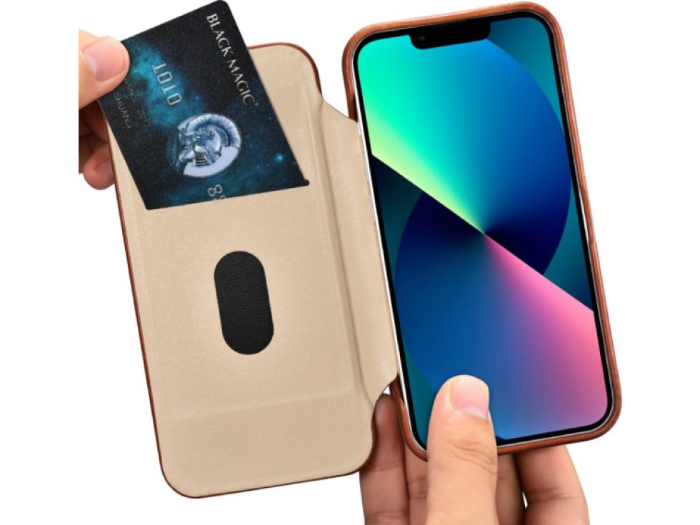 Knížkové pouzdro pro iPhone 14 Pro - iCarer, Curved Edge MagSafe Brown