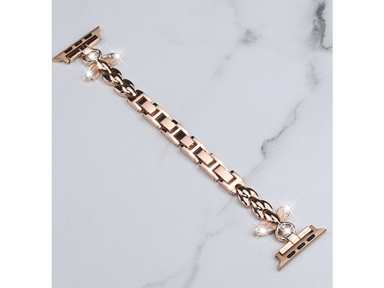 Stylový řemínek s kamínky a motýlem pro Apple Watch - Rose Gold