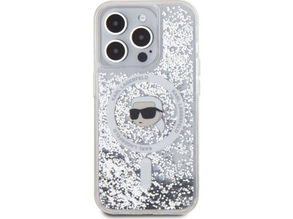 Ochranný kryt na iPhone 15 Pro - Karl Lagerfeld, Liquid Glitter Karl Head MagSafe Transparent KLHMP15LLGKISGH