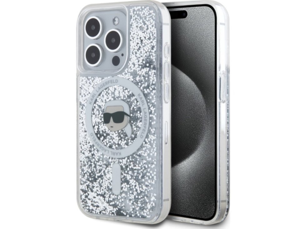 Ochranný kryt na iPhone 15 Pro - Karl Lagerfeld, Liquid Glitter Karl Head MagSafe Transparent KLHMP15LLGKISGH