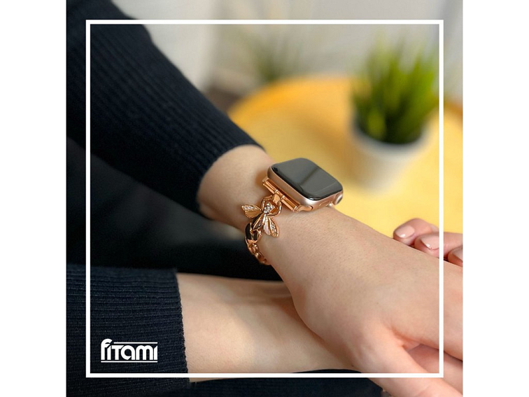 Stylový řemínek s kamínky a motýlem pro Apple Watch - Rose Gold