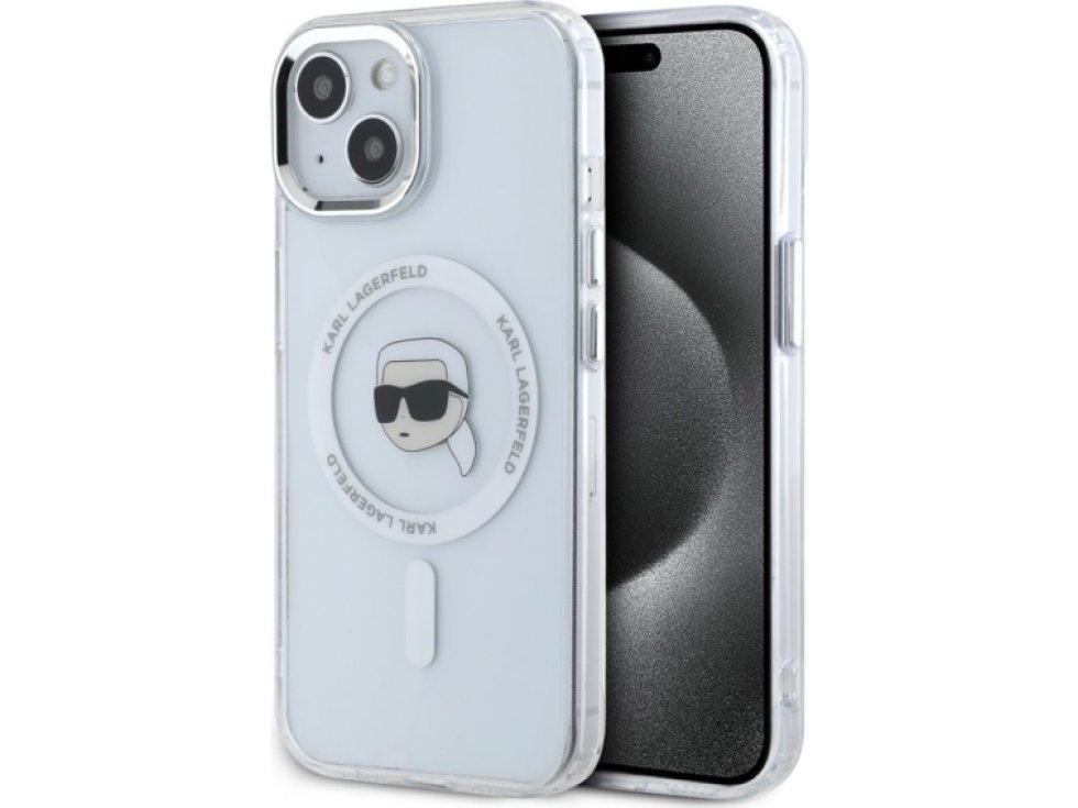 Ochranný kryt na iPhone 15 - Karl Lagerfeld, IML Karl Head MagSafe Transparent KLHMP15SHLSKIH