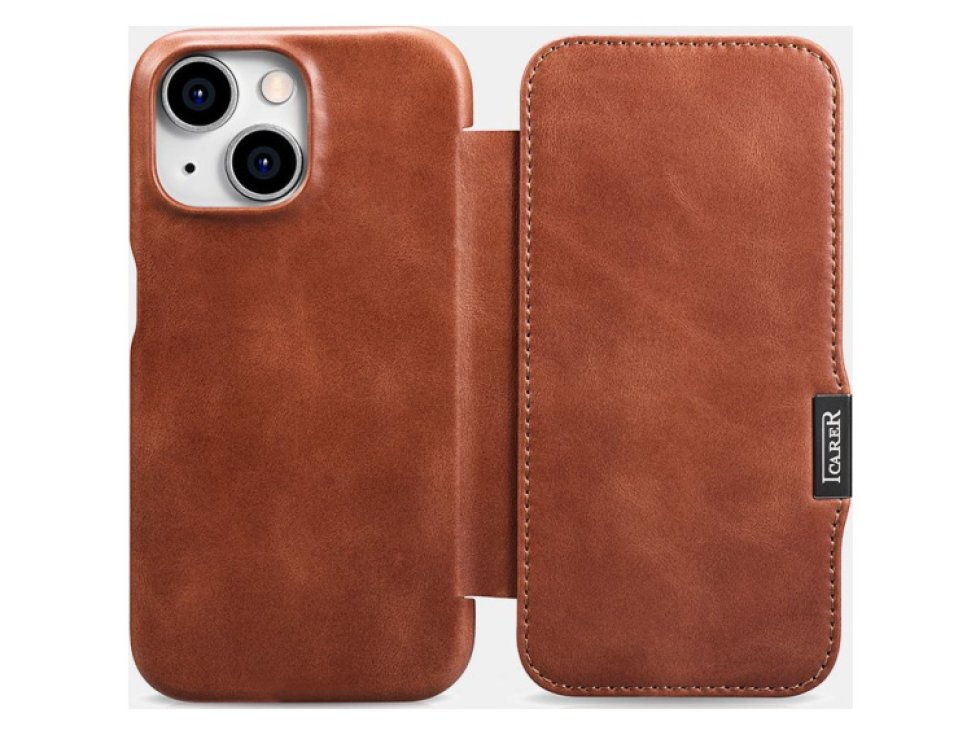 Knížkové pouzdro na iPhone 15 Pro - iCarer, Oil Wax Real Leather MagSafe Brown WMI15230614