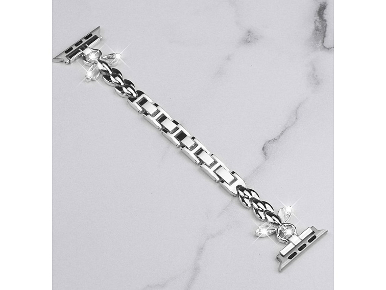 Stylový řemínek s kamínky a motýlem pro Apple Watch - Stříbrný