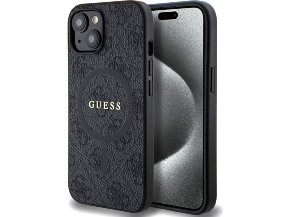 Ochranný kryt na iPhone 15 - Guess, 4G Colored Ring MagSafe Black GUHMP15SG4GFRK