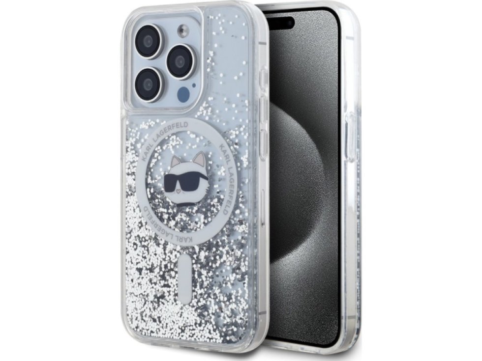 Ochranný kryt na iPhone 15 Pro - Karl Lagerfeld, Liquid Glitter Choupette Head MagSafe Transparent KLHMP15LLGCHSGH