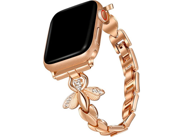 Stylový řemínek s kamínky a motýlem pro Apple Watch - Rose Gold