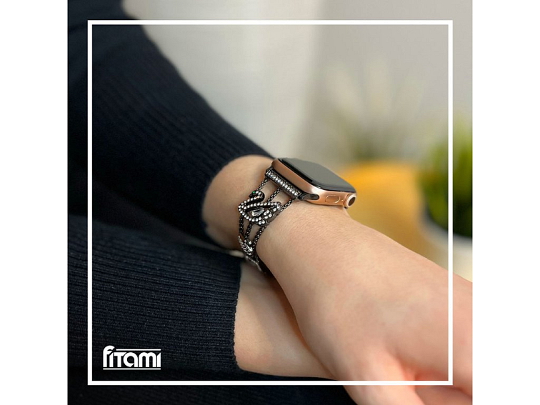 Stylový řemínek s kamínky a labutí pro Apple Watch - Černý