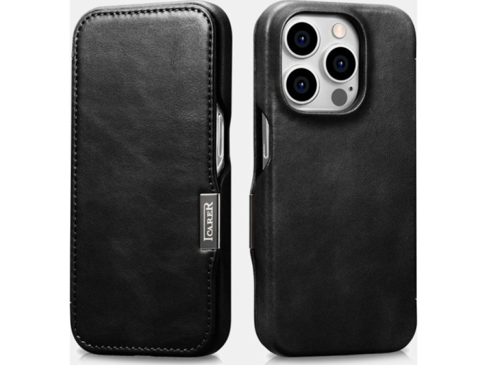 Knížkové pouzdro na iPhone 15 Pro - iCarer, Oil Wax Real Leather MagSafe Black WMI15230614