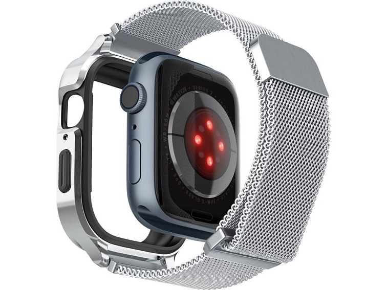 Řemínek s krytem pro Apple Watch 44mm / 45mm - Spigen, Metal Fit Pro Silver