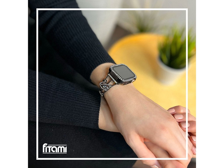 Stylový řemínek s kamínky a labutí pro Apple Watch - Černý