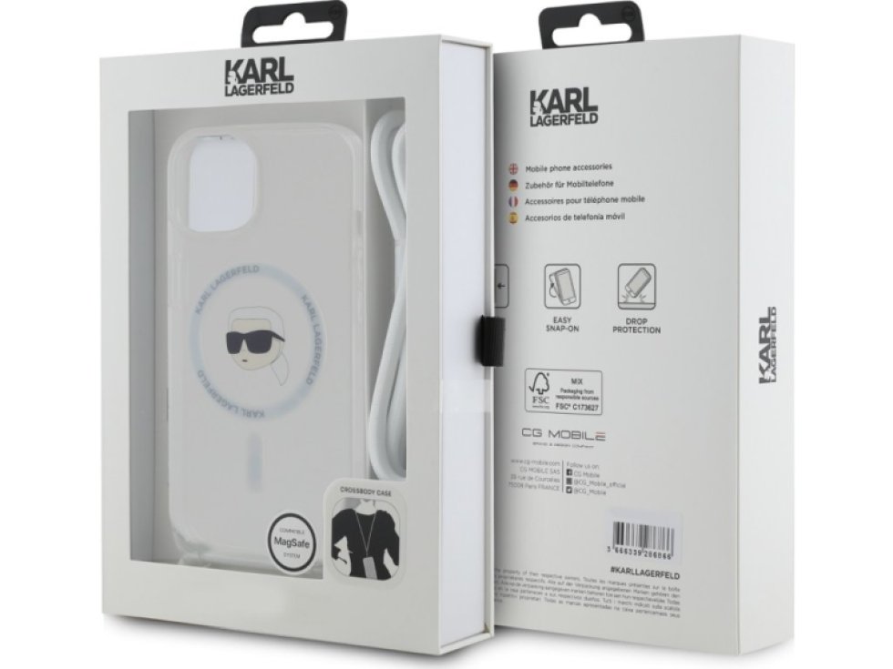 Ochranný kryt na iPhone 15 - Karl Lagerfeld, IML Crossbody Karl Head Magsafe Transparent KLHMP15SHCKHNT