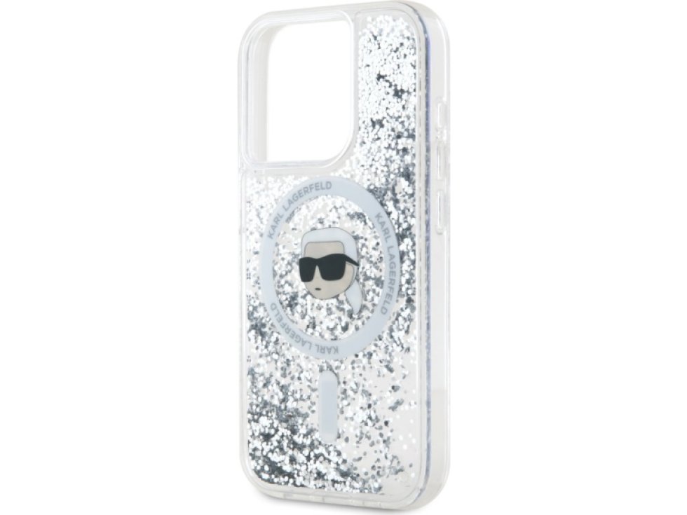 Ochranný kryt na iPhone 15 Pro - Karl Lagerfeld, Liquid Glitter Karl Head MagSafe Transparent KLHMP15LLGKISGH