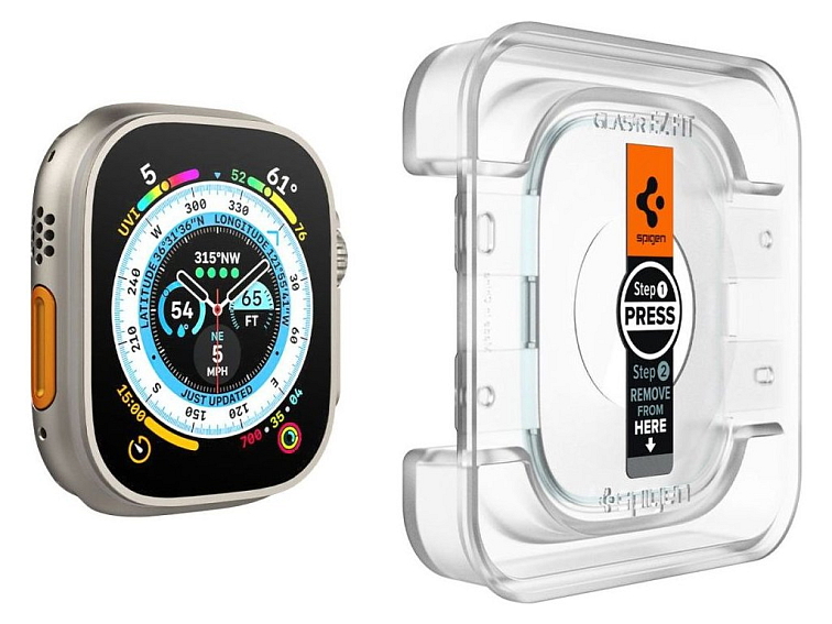 Ochranné tvrzené sklo pro Apple Watch 49mm - Spigen, Glas.tR EZ Fit (2ks s aplikátorem)