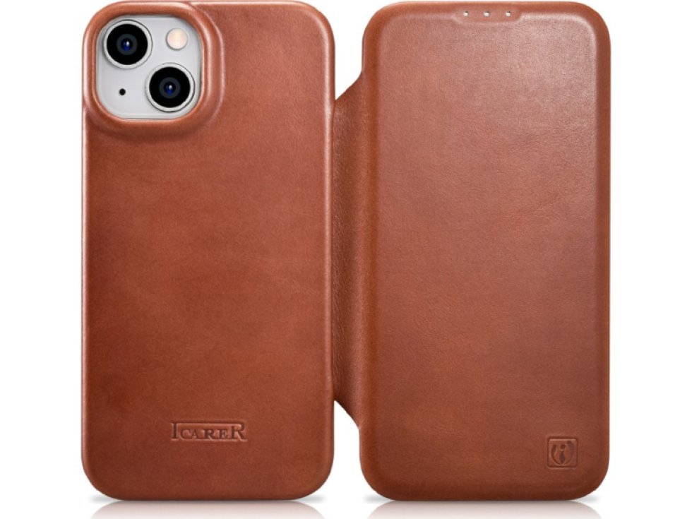 Knížkové pouzdro pro iPhone 14 - iCarer, Curved Edge MagSafe Brown AKI14220705-BN