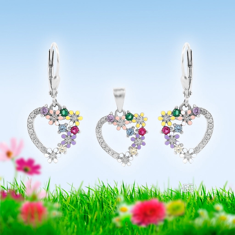 Dámská stříbrná souprava Kallisto - srdce s květy | DG Šperky | Stříbro 925/1000