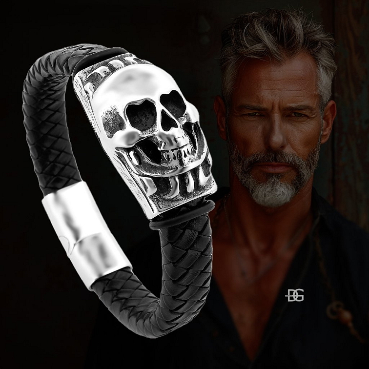 Pánský ocelovo kožený náramek Skullentea Cranus s lebkou | DG Šperky