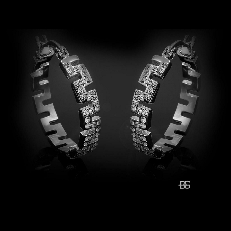 Náušnice ocelové kruhy s řeckým vzorem se zirkony | DG Šperky