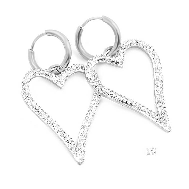 Visací náušnice ve tvaru srdce se zirkony - Chirurgická ocel