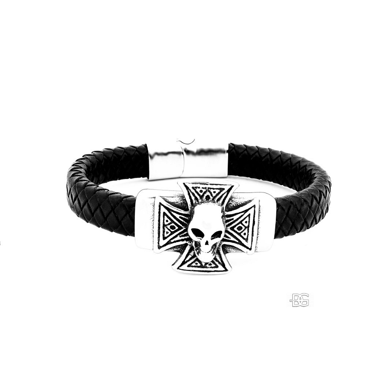 Pánský kožený náramek Cruxis s ocelovou lebkou a křížem | DG Šperky