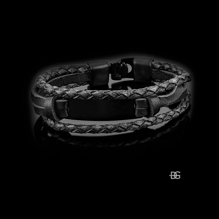 Pánský trojitý náramek - Chirurgická ocel a kůže
