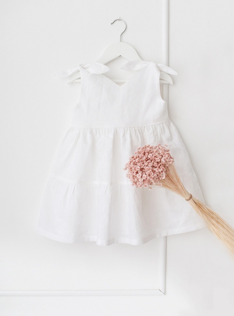 Lněné dětské šaty OHEŇ – bílé