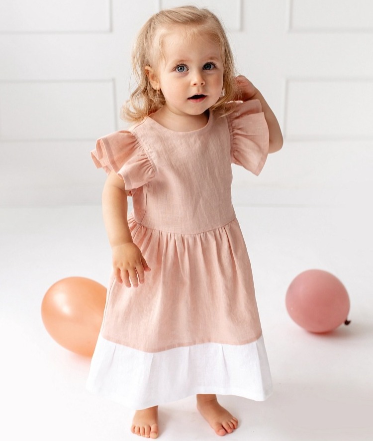 Lněné dětské šaty VODA – růžové