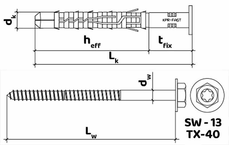 12x120mm KPR-FAST - 1 Kartón (4x25ks) - Rámové hmoždinky s plochým límcom, skrutkou so 6HR hlavoua vlisovanou podložkou, TX40/SW13