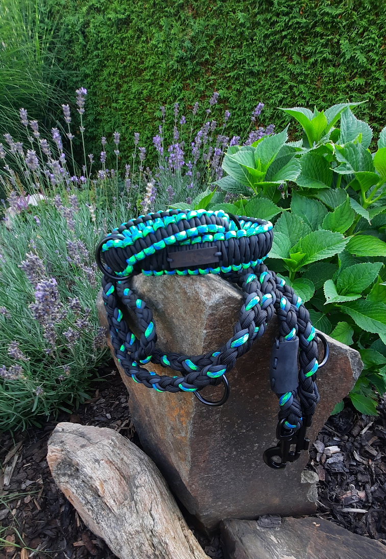 Vodítko paracord 220 cm přepínací KLASIK NEON BLACK modrozelené