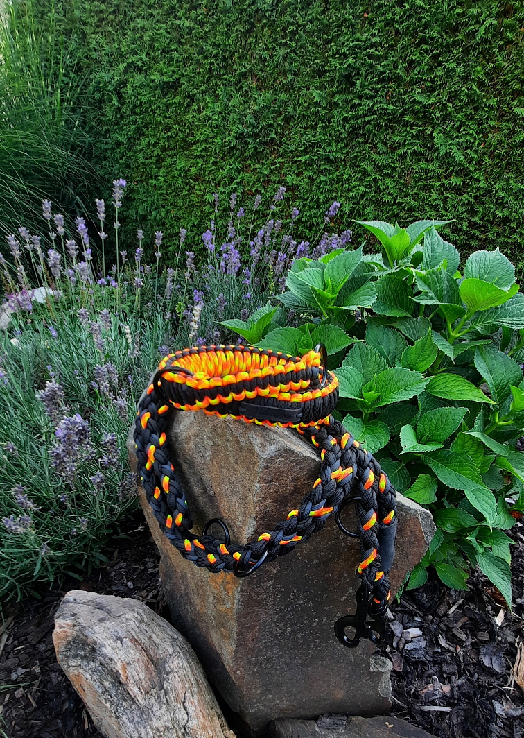 Vodítko paracord 220 cm přepínací KLASIK NEON BLACK žlutooranžové