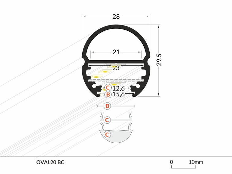 Profil WIRELI OVAL20 BC/ stříbrný elox, 2m (metráž)