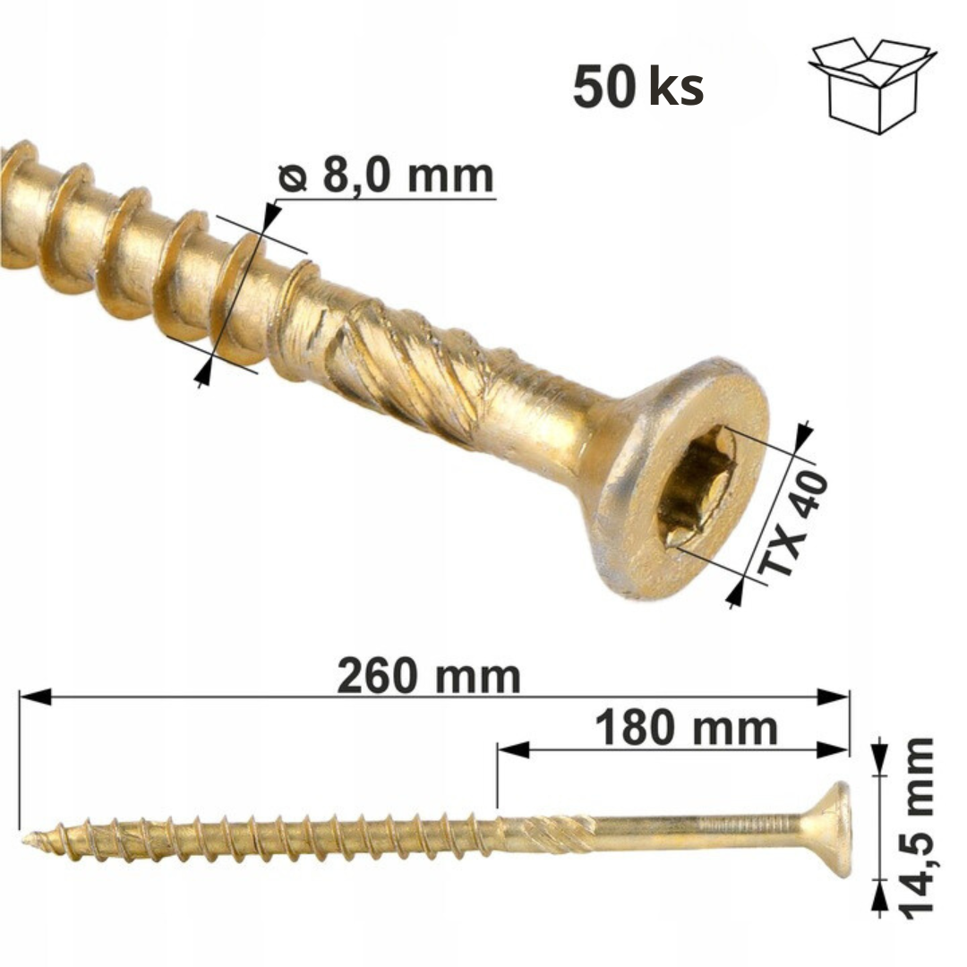8x260mm Vruty / Skrutky do dreva so zápustnou hlavou TORX - WKCS