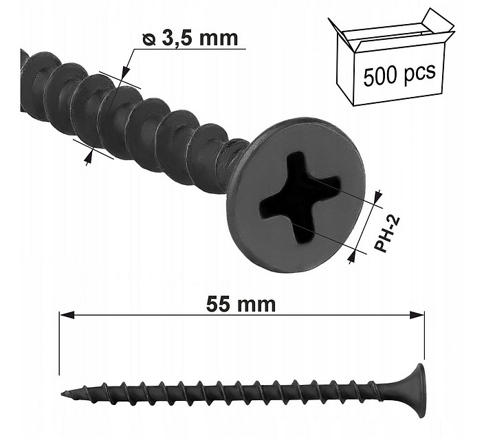 3.5x55mm - Skrutky / Vruty fosfátové sadrokartón / drevo, PH-2