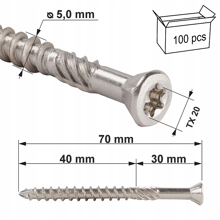 5x70mm Skrutka do dreva pre terasy, zapustená hlava, TX, nerezové