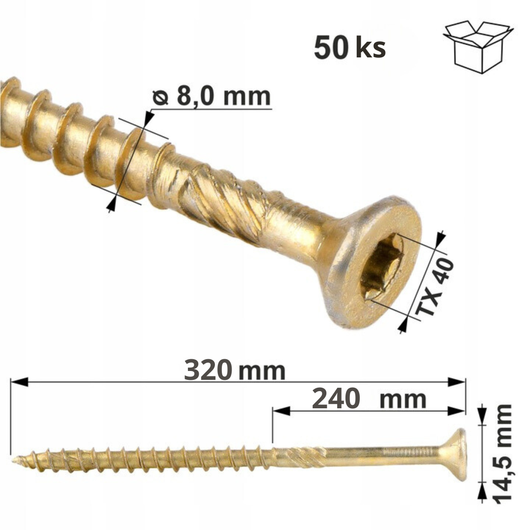 8x320mm - bal/50ks Vruty / Skrutky do dreva so zápustnou hlavou TORX - WKCS