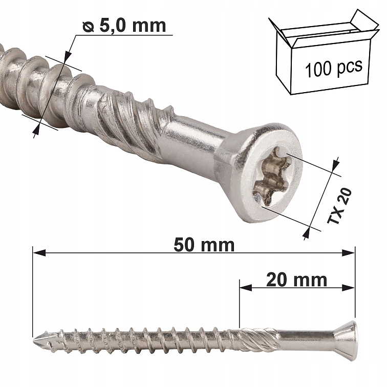 5x50mm Skrutka do dreva pre terasy, zapustená hlava, TX, nerezové