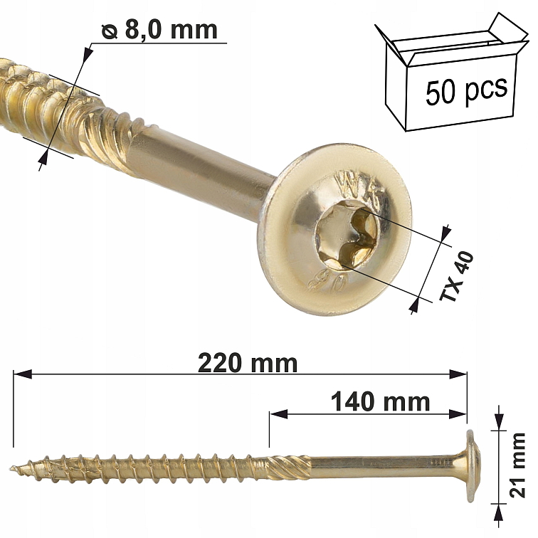 8x220mm Skrutky do dreva s tanierovou hlavou TX, 50ks/bal WKCP