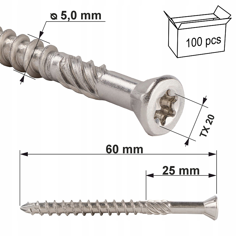 5x60mm Skrutka do dreva pre terasy, zapustená hlava, TX, nerezové