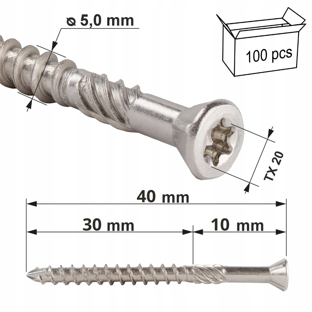 5x40mm Skrutka do dreva pre terasy, zapustená hlava, TX, nerezové