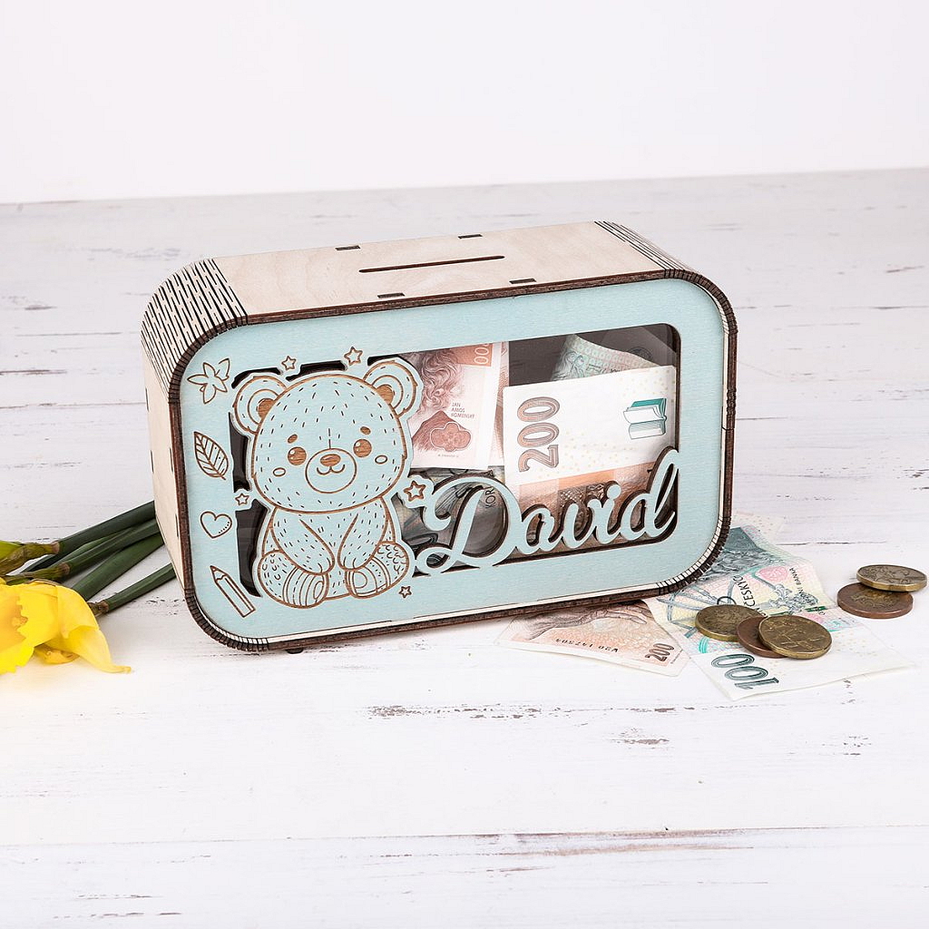 Dřevěná pokladnička na míru (s vlastním jménem a obrázkem)