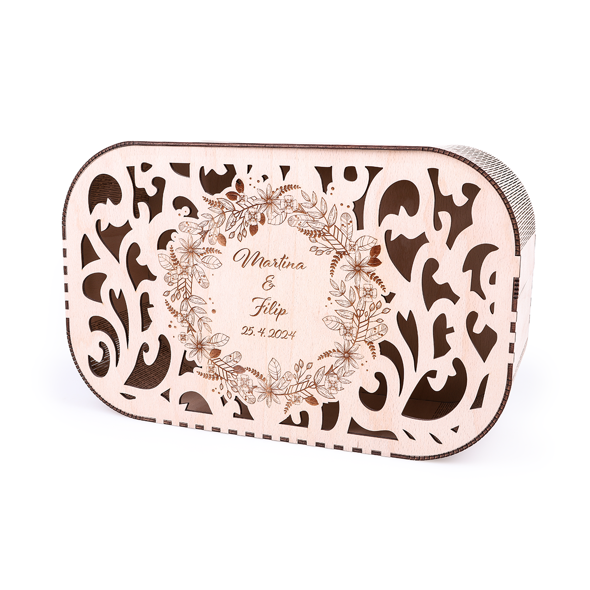 Svatební box na přání s motivem na míru, dřevěné čelo
