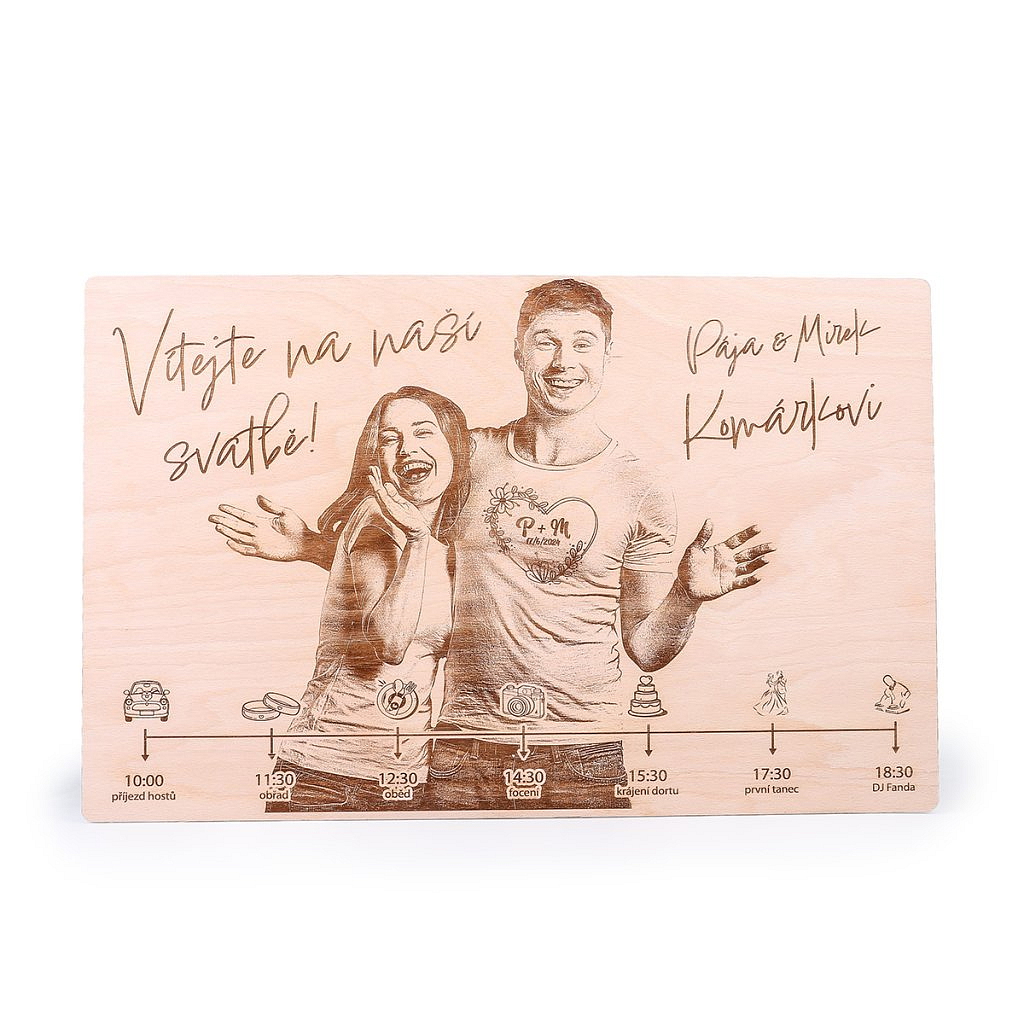 Uvítací cedule s fotografií a svatebním programem